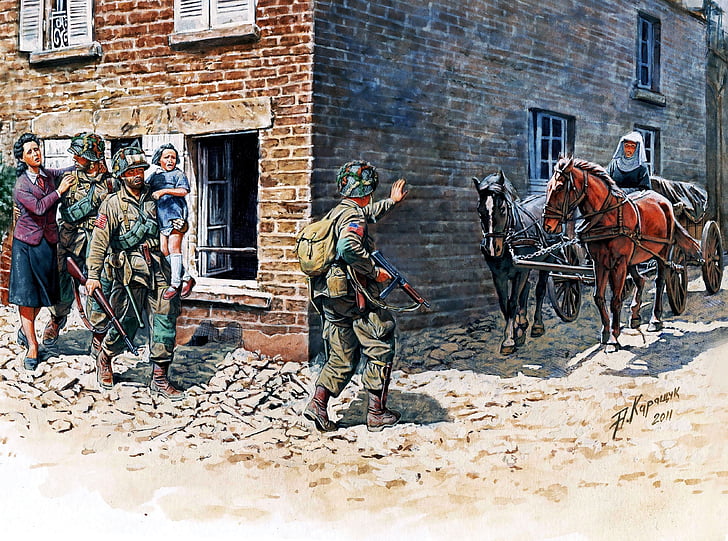 1944, изкуство, тухла, Франция, коне, живопис, войници, стена, HD тапет