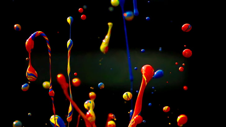 赤、青、および黄色の液滴の図、絵画、塗料スプラッタ、カラフルなマクロ、 HDデスクトップの壁紙