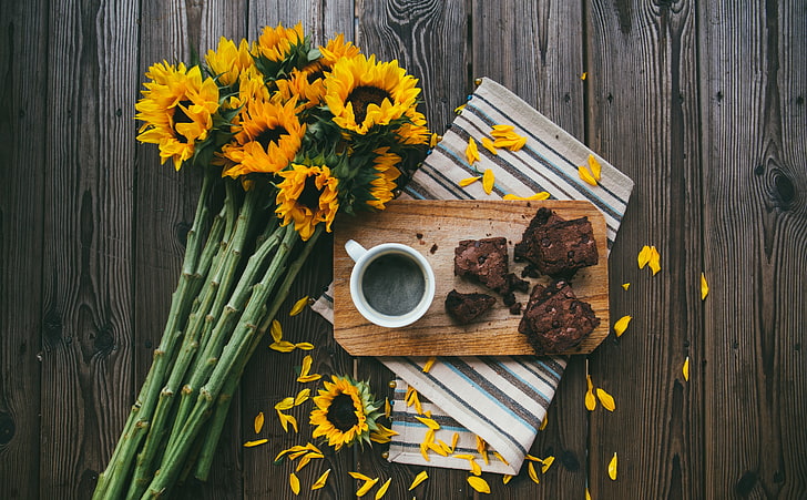 Sunflowers, Coffee Mug, Brownies, Wooden Table, bouquet of sunflower and tray of brownies and cup of coffee on the table, Food and Drink, Flowers, Sunflowers, Morning, Wooden, Coffee, Sweets, Petals, Breakfast, dessert, drink, beverage, brownies, HD wallpaper