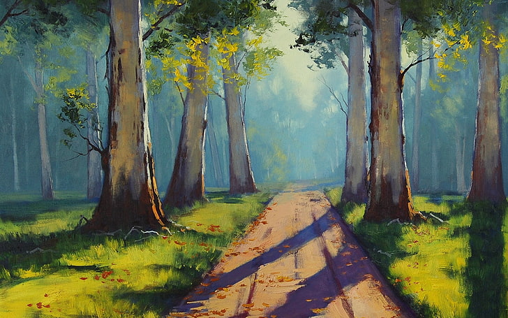 braune Bahn zwischen Rasenfläche mit Bäumen malen, zeichnen, Bäume, Straße, Natur, HD-Hintergrundbild