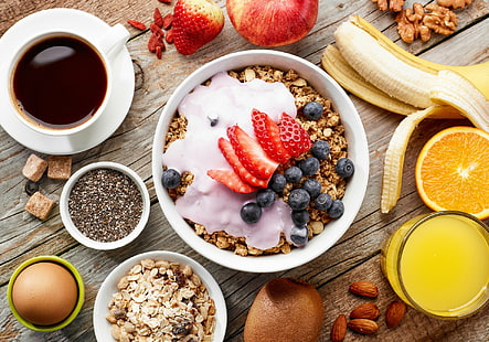 Speisen, Frühstück, Heidelbeere, Kaffee, Saft, Müsli, Erdbeere, HD-Hintergrundbild HD wallpaper