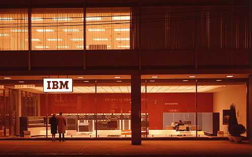 Oznakowanie IBM, centrum danych, komputer, IBM, lata 80., historia, biuro, wieczór, ulica, technologia, Toronto, Tapety HD HD wallpaper