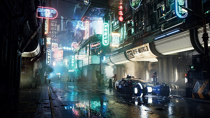 blau-weißes Betongebäude, Cyberpunk, Bladerunner, Wiktor Öhman, HD-Hintergrundbild