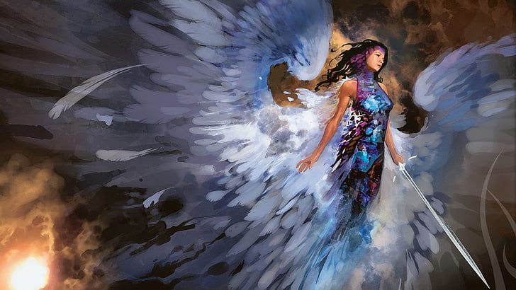 женский ангел с мечом в руках цифровые обои, произведение искусства, фэнтези арт, ангел, крылья, меч, HD обои