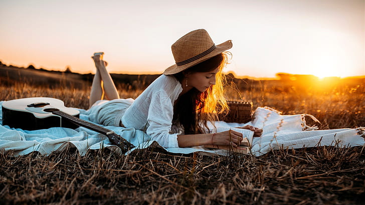 summer, girl, sunset, nature, hat, book, Nicholas David Furnari, HD wallpaper