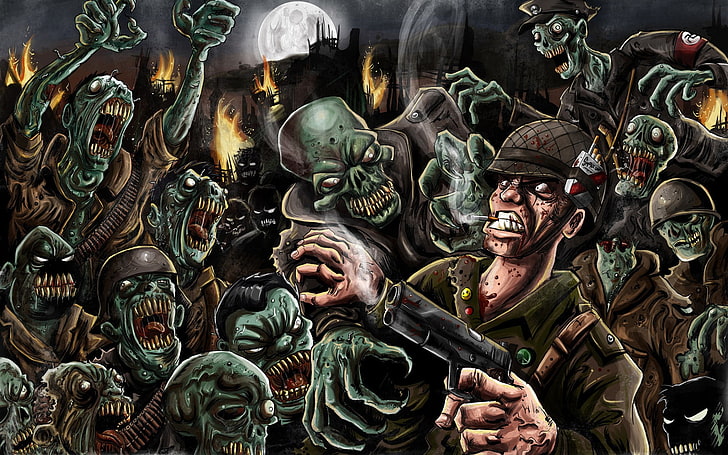 иллюстрация солдат и зомби, зомби, нацист, солдат, HD обои