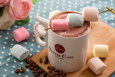 marshmallows, cup, food, coffee beans, HD wallpaper HD wallpaper