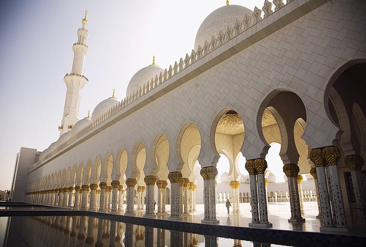 Abu dhabi, Sheikh zayed mosque, Arches, Square minaret, Dome, HD wallpaper