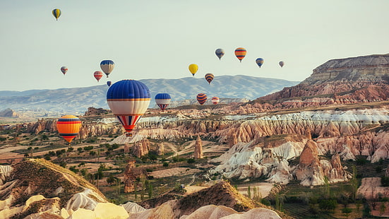 въздушна фотография, въздушен балон, 5k uhd, стълбове, долина, любовна долина, Турция, скално образувание, приключение, 5k, въздушен балон, пътуване, скала, пейзаж, туризъм, балони с горещ въздух, небе, балон с горещ въздух, HD тапет HD wallpaper