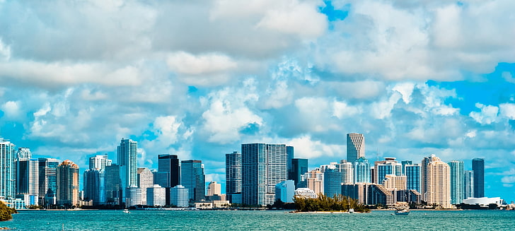 gray and blue high-rise buildings, miami, usa, america, miami beach, sky, clouds, buildings, flats, florida, HD wallpaper