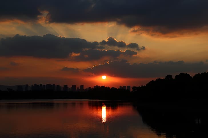 rayos de sol, resplandor del atardecer, puesta de sol, naturaleza, China, Fondo de pantalla HD