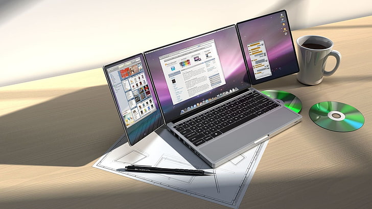 MacBook Pro, apple, macbook, concept, design, table, cup, disk, HD wallpaper