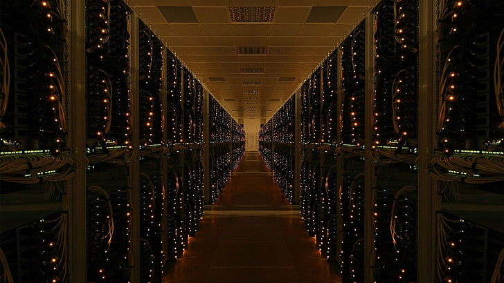 Коричневый коридор, электроника, технологии, сервер, коридор, сеть, светодиоды, компьютер, дата-центр, фотография, HD обои