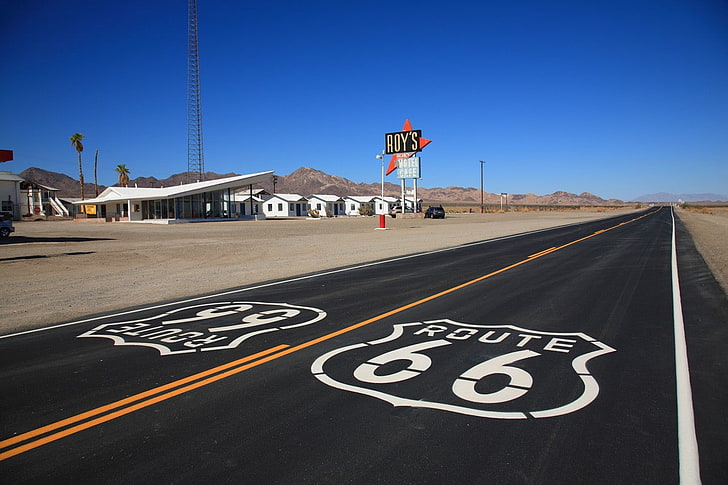 jalan, Rute 66, AS, jalan raya, California, motel, restoran, pasir, gurun, Wallpaper HD