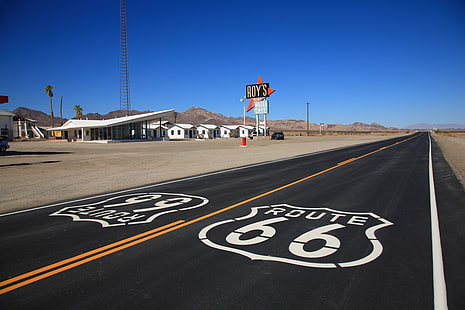 الطريق ، الطريق 66 ، الولايات المتحدة الأمريكية ، الطريق السريع ، كاليفورنيا ، موتيل ، مطعم ، رمال ، صحراء، خلفية HD HD wallpaper