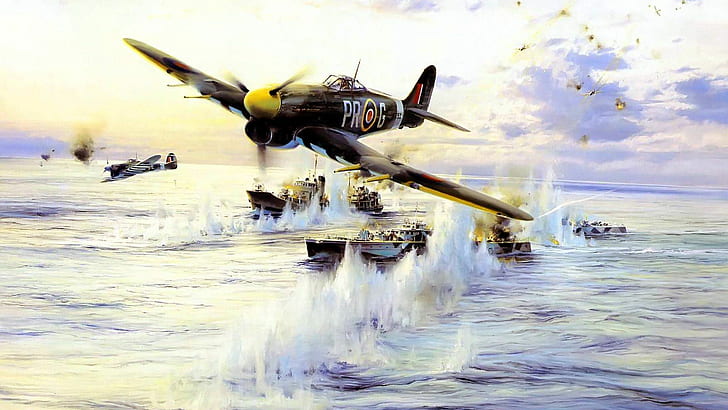 sea, the explosion, attack, figure, ships, art, Taylor, the fire, plaque, fighter-bomber, Royal air force, Hawker Typhoon, Robert, torpedo boats, HD wallpaper