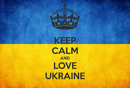zachowaj spokój i pokochaj tekst Ukraina, Ukraina, typografia, Zachowaj spokój i ..., niebieski, żółty, korona, Tapety HD HD wallpaper