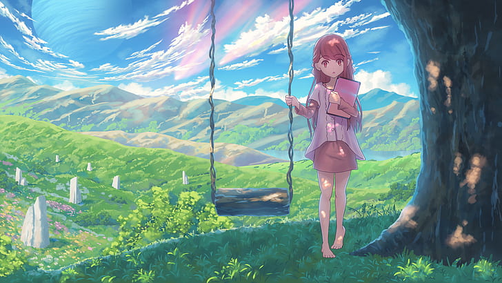 shelter, rin, swing, landscape, grass, tree, scenic, sky, clouds, hills, Anime, HD wallpaper