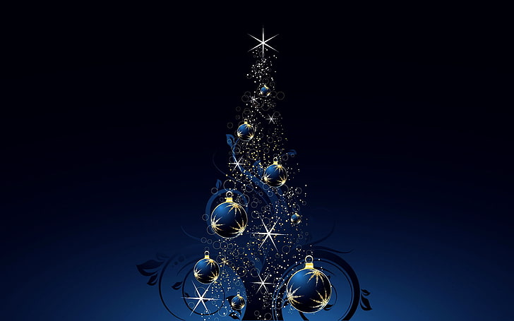 dekoracje niebieskie bombki, gwiazdy, światło, światła, wakacje, drzewo, nowy rok, iskry, niebieskie tło, szczęśliwego nowego roku, wesołych świąt, bombki choinkowe, Tapety HD
