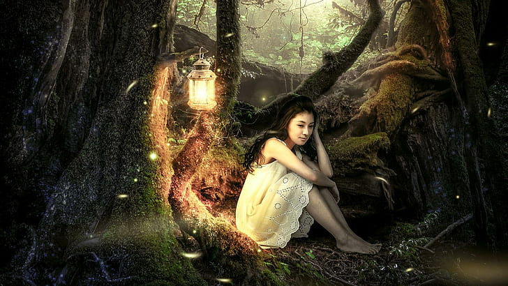 Forest, trees, girl, lanterns, beautiful mood, forest, trees, girl, lanterns, beautiful mood, HD wallpaper