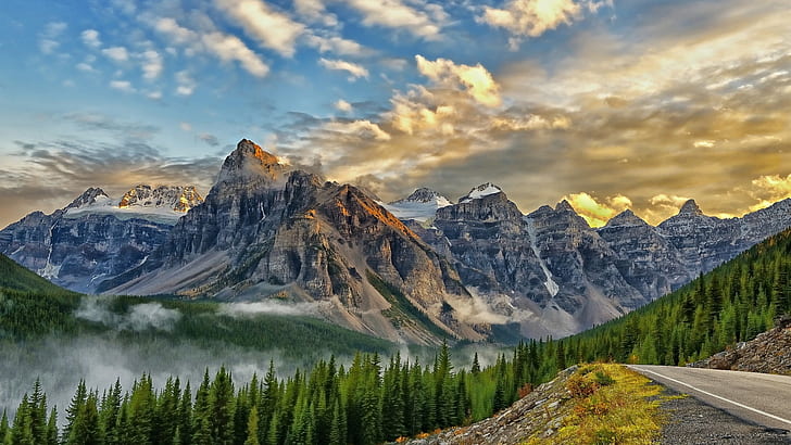 自然、空、十峰の谷、山、荒野、アルバータ、山脈、カナダ、国立公園、雲、バンフ国立公園、谷、十峰、木、 HDデスクトップの壁紙