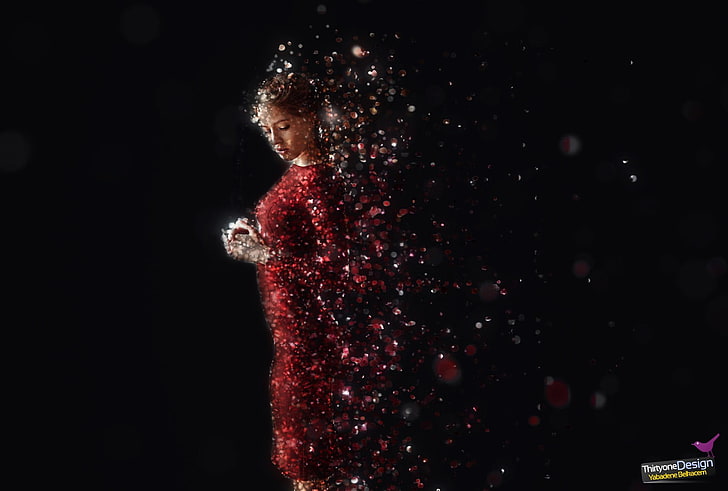 red, women, glitter, Photoshop, effects, robes, HD wallpaper