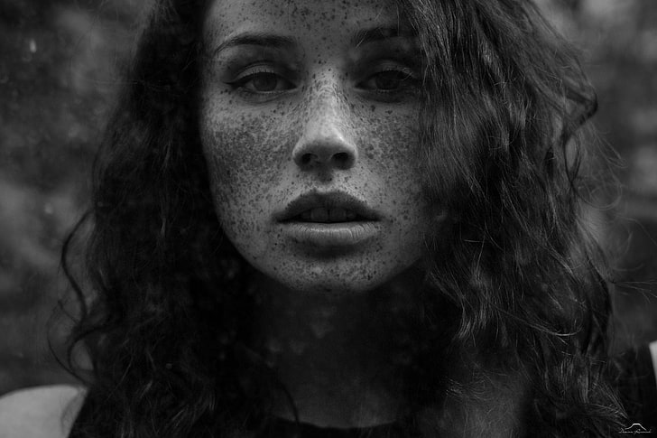 Michalina Cysarz, Damian Rusiniak, monochrome, face, women, model, freckles, HD wallpaper