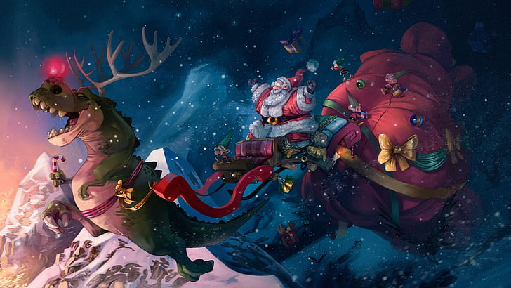 Holiday, Christmas, Dinosaur, Santa, Tyrannosaurus Rex, HD wallpaper