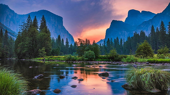 Yosemite Valley, El Capitan, Stati Uniti, California, Parco Nazionale Yosemite, lago, vista sul tunnel, fiume merced, fiume, banca, tramonto, Parco nazionale, acqua, morfologie montane, scenario montuoso, cielo, montagna, deserto, natura, riflessione, Sfondo HD HD wallpaper