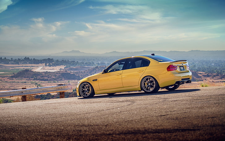 yellow sedan, road, BMW, autowalls, BMW M3, HD wallpaper