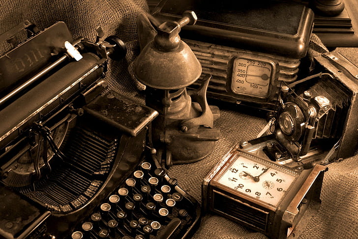 camera, Old, sepia, typewriters, vintage, HD wallpaper