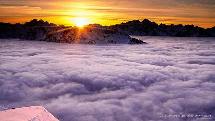 Зимний рассвет, Национальный парк Маунт Кук, Новая Зеландия, Океания, HD обои