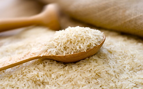 Ориз в дървена лъжица, оризови зърна, природа, храна, HD тапет HD wallpaper