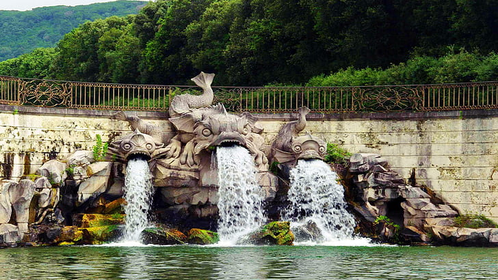 Reggia di Caserta, fontain, Campania, Caserta, Italia, agua, estatua, árboles, naturaleza, balcón, Fondo de pantalla HD