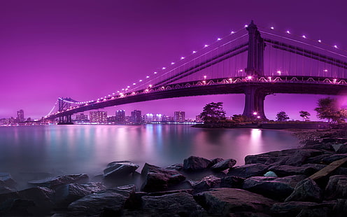 bridge under purple sky wallpaper, bridge on top of water photo, Manhattan, Brooklyn, purple, bridge, lights, sea, river, New York City, cityscape, night, Manhattan Bridge, rock, digital art, HDR, HD wallpaper HD wallpaper