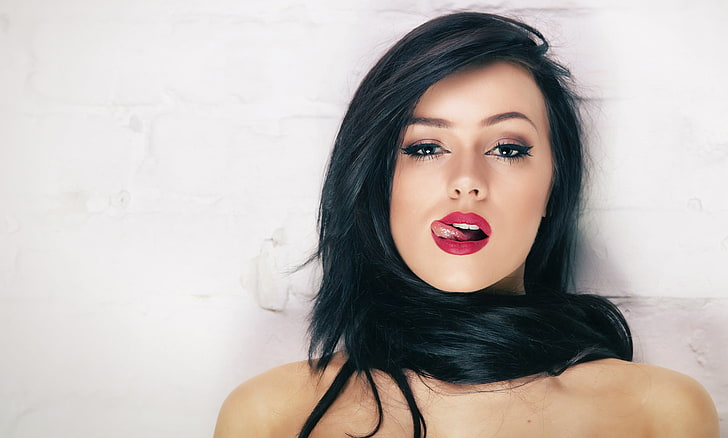 woman in red lipstick, women, model, face, brunette, HD wallpaper