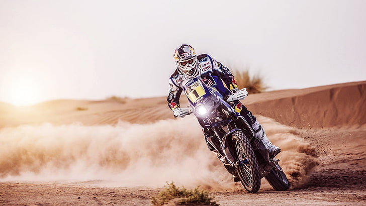 motocross, pustynia, krajobraz, Dakar, Cyril Despres, Yamaha 450 YZF Rally, Dakar Rally, Red Bull, Tapety HD