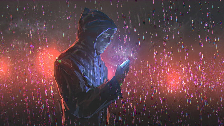 남자의 회색 까마귀, 비, 전화, 선글라스, Adrian Retana, 후드, HD 배경 화면