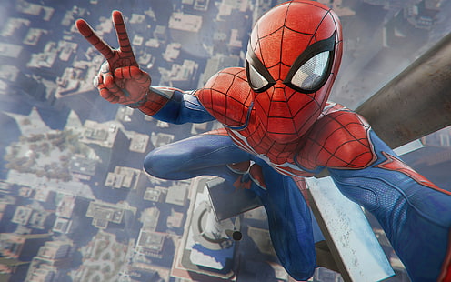 SpiderMan, czerwony, fantasy, miasto, ręka, komiks, niebieski, Tapety HD HD wallpaper