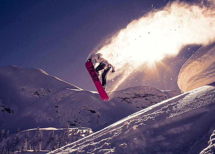 snowboarding, trick, jump, snow, red and black printed snowboard, snowboarding, trick, jump, snow, HD wallpaper