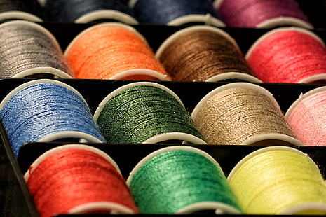 yarn spool lot, thread, colorful, coil, HD wallpaper HD wallpaper