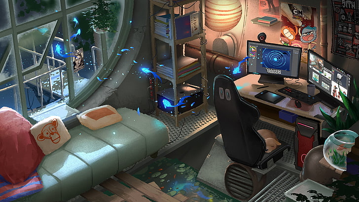 black and grey gaming chair, chair, computer, Cartoon Network, dog, goldfish, couch, HD wallpaper
