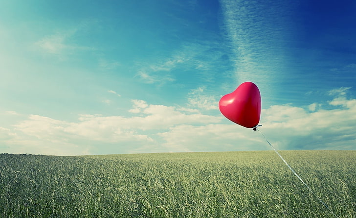 Alone Heart Flying, воздушный шар с красным сердцем, Любовь, HD обои