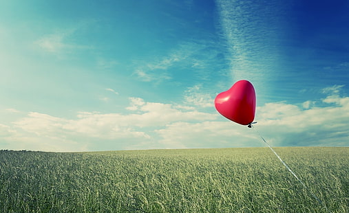 Alone Heart Flying, воздушный шар с красным сердцем, Любовь, HD обои HD wallpaper