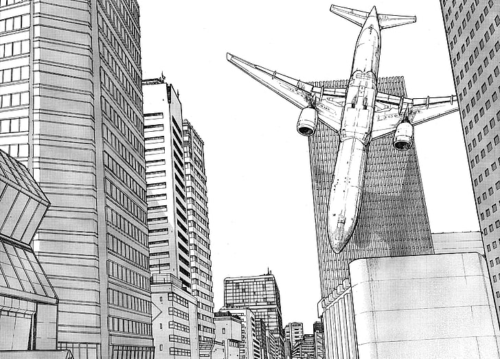 Эскиз самолета, разбивающегося к зданиям, манга, монохромный, Аджин, HD обои