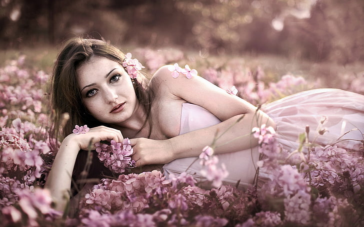 women's pink strapless dress, girl, flowers, background, HD wallpaper