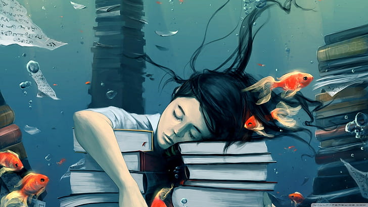 menggambar, tidur, di bawah air, Wallpaper HD