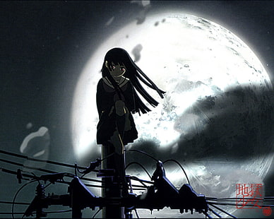 Enma Ai, Jigoku Shoujo, animeflickor, svart hår, Måne, långt hår, skoluniform, natt, HD tapet HD wallpaper