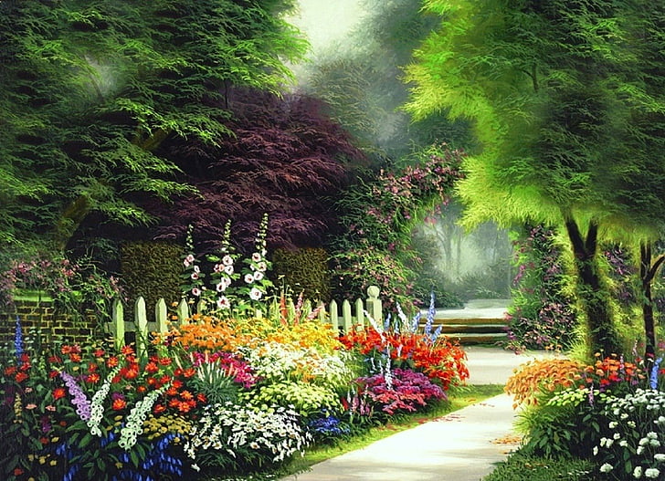 Artistic, Garden, Flower, Painting, Spring, Tree, HD wallpaper
