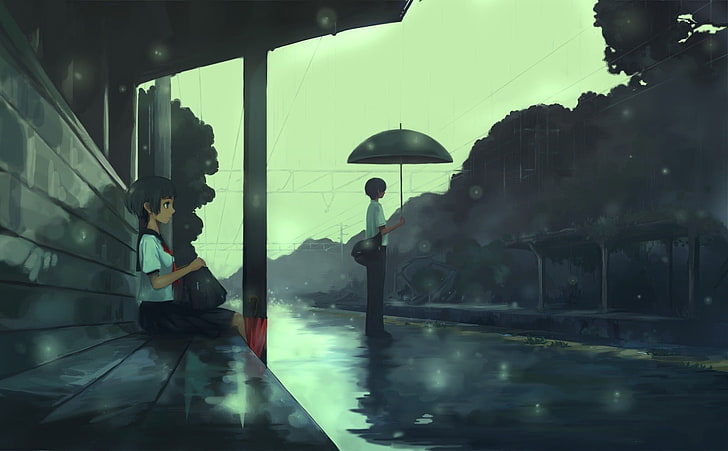 girl wearing school uniform sitting on bench of shed animated graphic wallpaper, students, rain, anime, umbrella, bus stations, school uniform, power lines, HD wallpaper